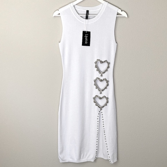 RHINESTONE HEART Jeweled Cutout White Sleeveless Slitted Bodycon Dress SMALL - Picture 1 of 6